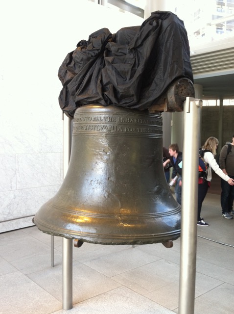 Photo of the Liberty Bell drapped in a black cloth